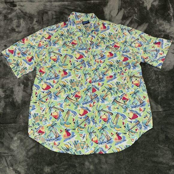 VTG Jantzen Classics Hawaiian Shirt Men's Green Palm Tree Sailboat Island Print - Picture 1 of 6
